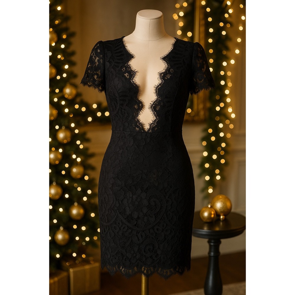 Storia Women's M Black Lace Plunge Bodycon Dress Scalloped Cocktail Party Sexy
